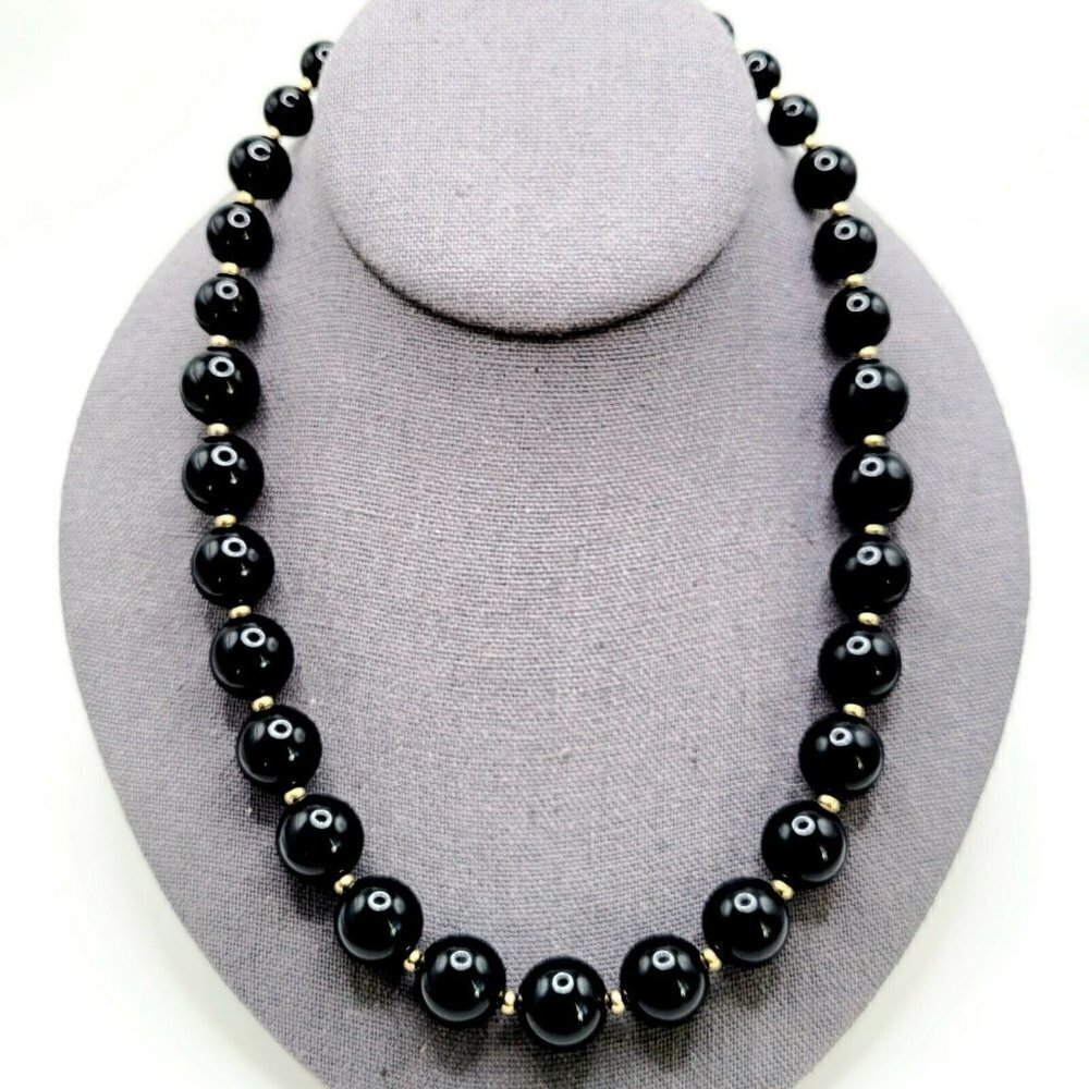 Vintage Monet Black Lucite Beaded Necklace Graduated 19" Gold Tone Sister Clasp